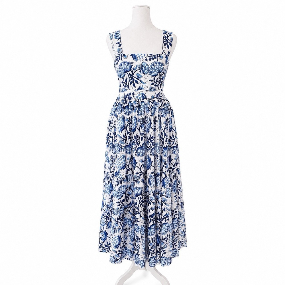NWT Sole Sicily Long Dress White Blue Floral Cotton Smocked Maxi XS Cottage $228